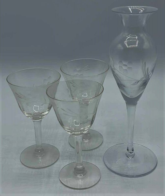 Photo 6 of LENOX HAND BLOWN CRYSTAL VASE H 7.5” W/ ETCHED VINTAGE CORDIAL GLASSES H 4.5” (SET OF 3)