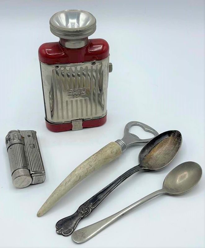 Photo 1 of VINTAGE POCKET FLASHLIGHT, LIGHTER AND SILVERWARE