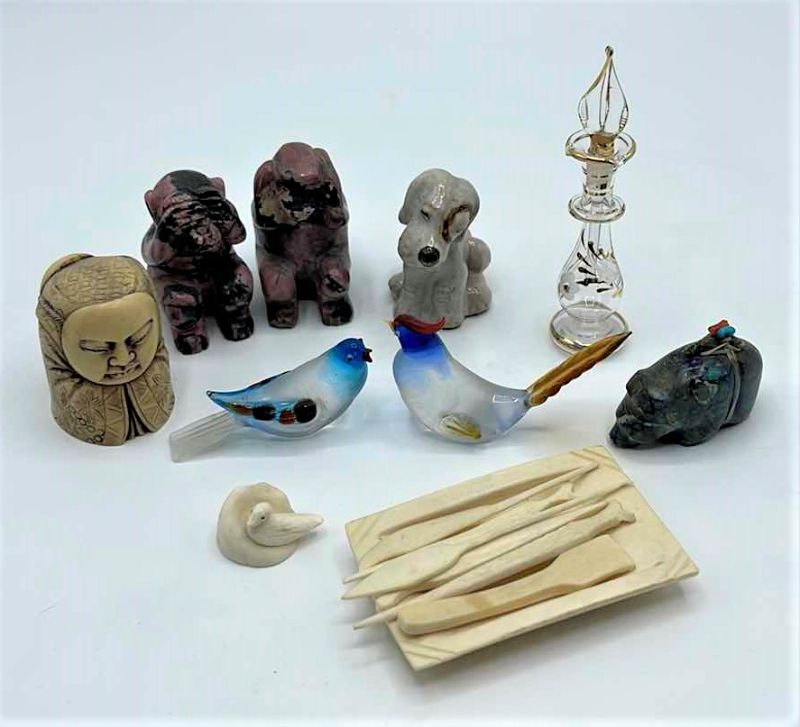 Photo 1 of HANDCARVED FIGURINES, VINTAGE GLASS PERFUME BOTTLE, BAMBOO PICK SET