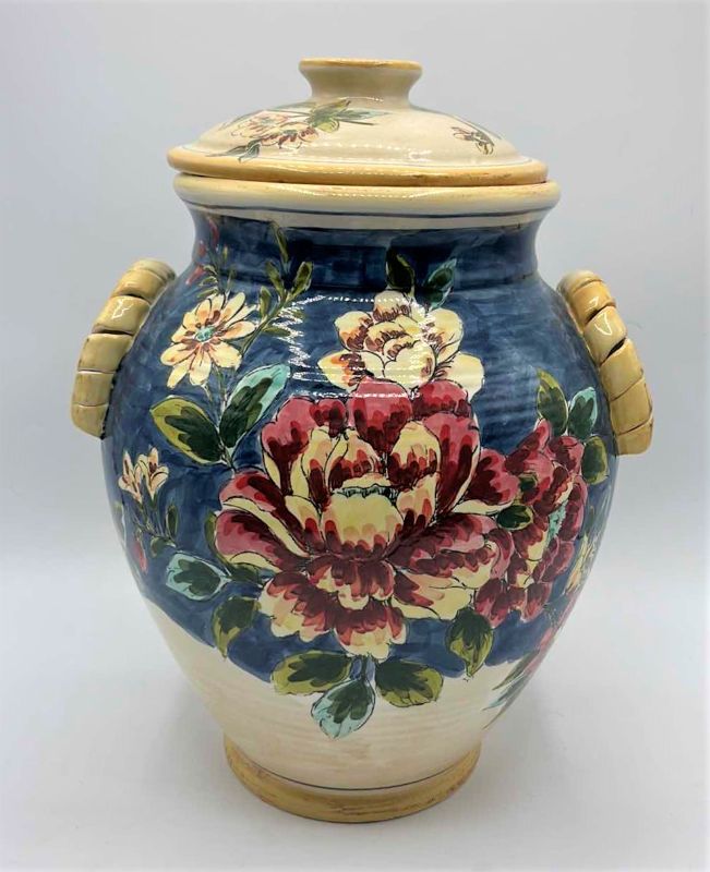 Photo 1 of ANTIQUE HAND PAINTED CERAMIC JAR W/LID H 12”