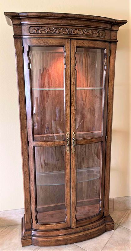 Photo 1 of AMERICAN FURNITURE CO. WOOD AND GLASS 2 DOOR LIGHTED CURIO CABINET 32” X 9” H 76”