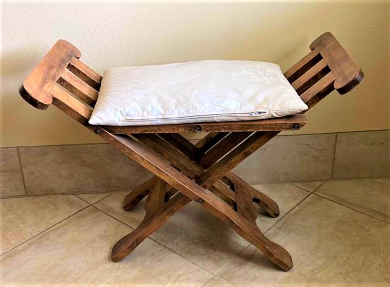 Photo 1 of WOODEN FOLDING CHAIR W/CUSHION MADE IN MEXICO 27” X 13” H 20”