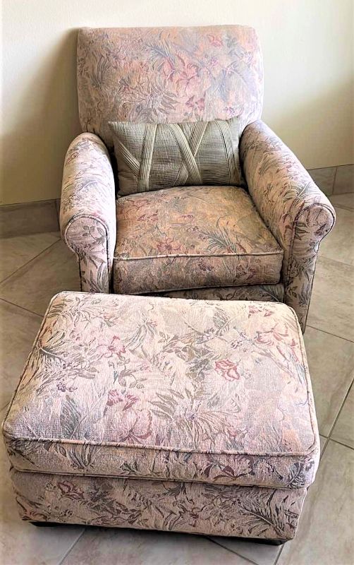 Photo 1 of UPHOLSTERED FLORAL ARMCHAIR W/OTTOMAN AND PILLOW