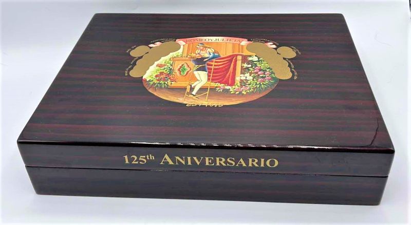 Photo 1 of VINTAGE LACQUERED WOODEN CIGAR HUMIDOR 125th ANNIVERSARY ROMEO AND JULIET 12” X 10” H 2.5”