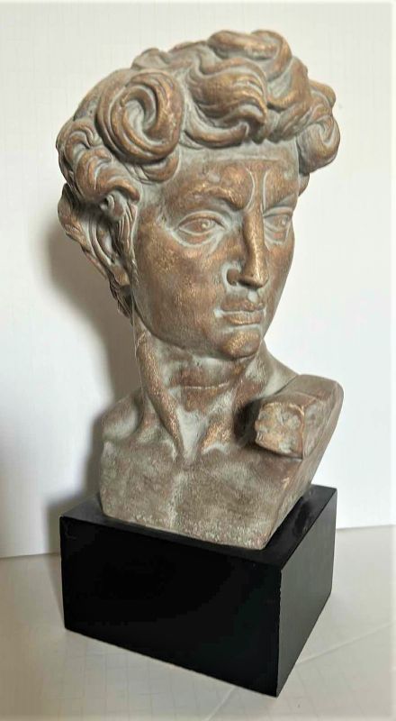 Photo 1 of VINTAGE 1968 SCULPTURE “ MICHAELANGELO DAVID HEAD BUST” ON WOOD BASE H14” ARTIST SIGNED PUCCI