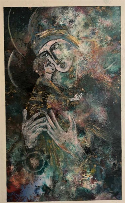 Photo 5 of TEXTURED PAINT ON CANVAS, “CELESTIAL WOMAN WITH BABY" FRAMED ARTWORK 24” x 36”