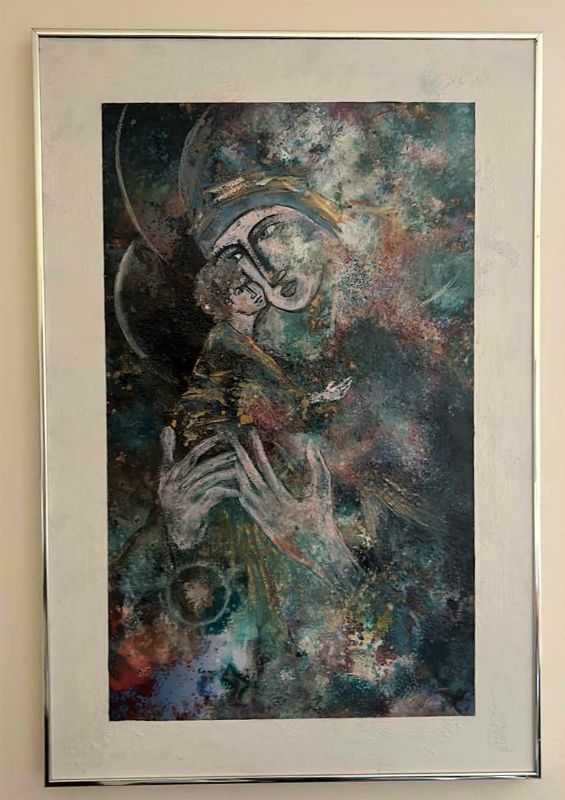 Photo 1 of TEXTURED PAINT ON CANVAS, “CELESTIAL WOMAN WITH BABY" FRAMED ARTWORK 24” x 36”