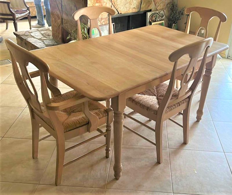 Photo 1 of LIGHT WOOD TONED TABLE AND FOUR CHAIRS WITH RUCHED SEATS EXPANDS TO 5’ (3’ x 5’)