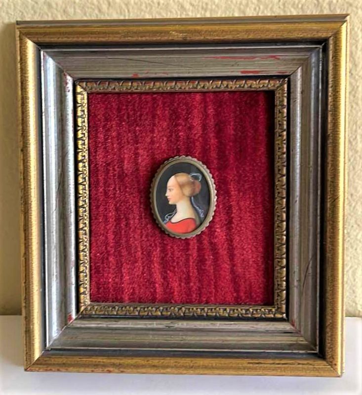 Photo 1 of ANTIQUE HANDPAINTED LADY PENDANT BROOCH IN FRAME 5.5” X 6”