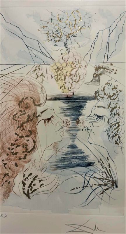 Photo 2 of SIGNED SALVADOR DALI E/A “PENCIL ETCH WITH GOLD LEAF, THE KISS" 12” x 19” WITH FRAME 24” x 32”