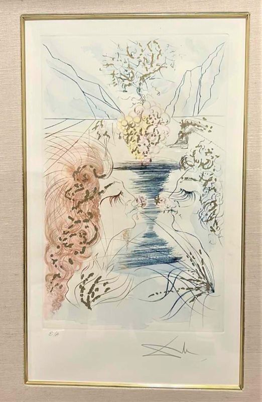 Photo 1 of SIGNED SALVADOR DALI E/A “PENCIL ETCH WITH GOLD LEAF, THE KISS" 12” x 19” WITH FRAME 24” x 32”