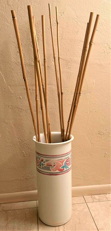 Photo 1 of TALL CERAMIC VASE WITH BAMBOO AND BALLS, TOTAL HEIGHT WITH REEDS H41”