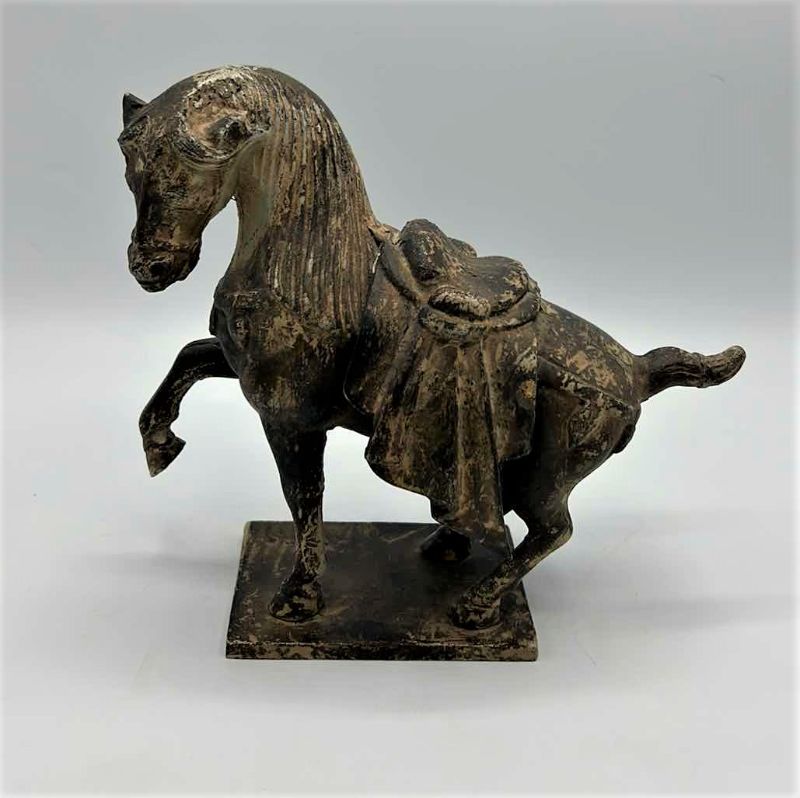 Photo 1 of VINTAGE CAST IRON TANG DYNASTY WAR HORSE STATUE 9” x 8”