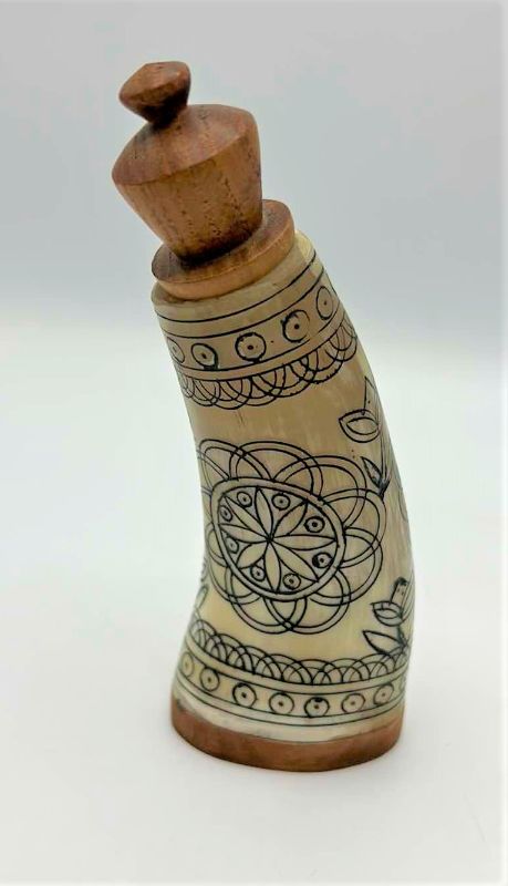 Photo 1 of WOOD APOTHECARY JAR WITH SCRIMSHAW FROM BUDAPEST H6”