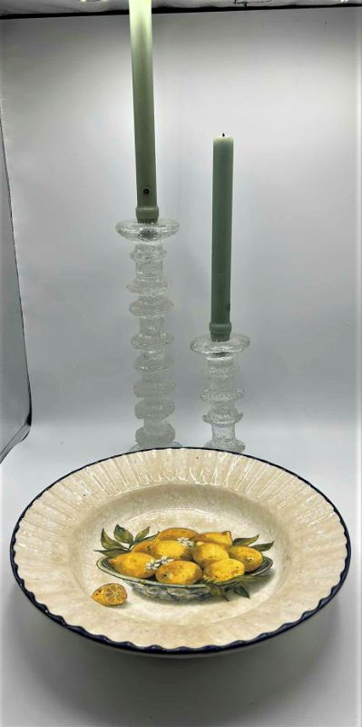 Photo 1 of GLAZED POTTERY BOWL W LEMONS AND TWO CRYSTAL CANDLE STICKS H13”