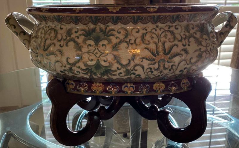 Photo 1 of UNIQUE CHINESE GREEN GOLD AND CREAM FOOT BATH / PLANTER 20” X 7” WITH STAND H11.5”