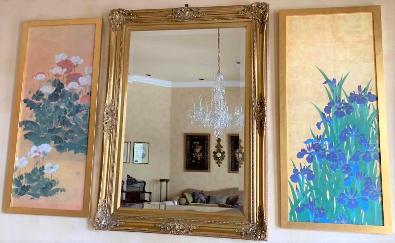 Photo 1 of ORNATE GOLD MIRROR 32” X 44” AND 2  GOLD FRAMED FLORAL ARTWORKS 18” X 41” EACH