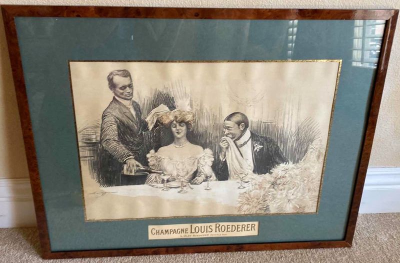 Photo 1 of WOOD FRAMED CHAMPAGNE LOUIS ROEDERER SIGNED SIMONT 030/500 ARTWORK 29” X 22”