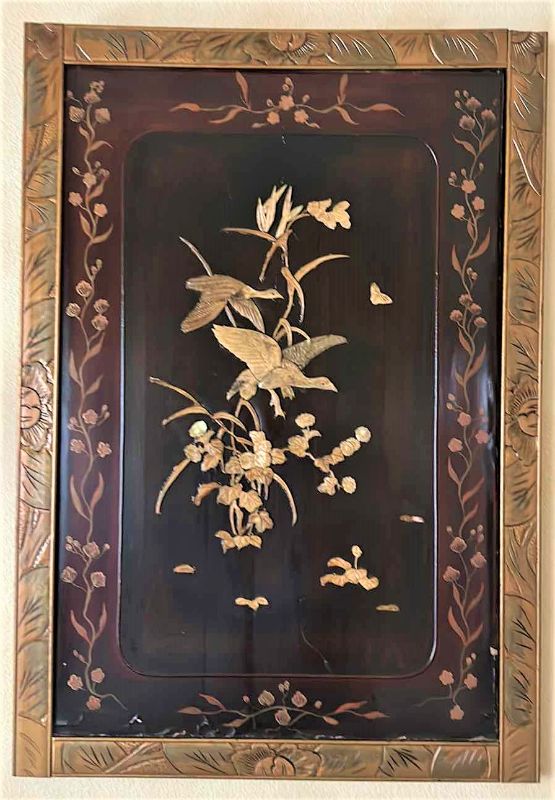 Photo 1 of JAPANESE LACQUER AND SHIBAYAMA ON WOOD WITH PAINTED FLOWERS 27.5” x 40”