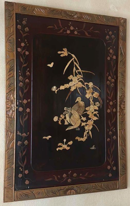 Photo 1 of JAPANESE LACQUER AND SHIBAYAMA ON WOOD WITH PAINTED FLOWERS 27.5” x 40”