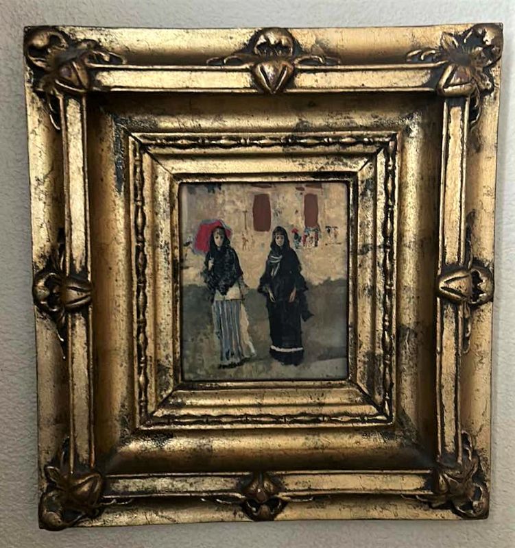Photo 1 of VINTAGE MOSE BIANCHI "USCITA DI CHIESA" ORNATE GOLD FRAME ARTWORK 11” x 11”