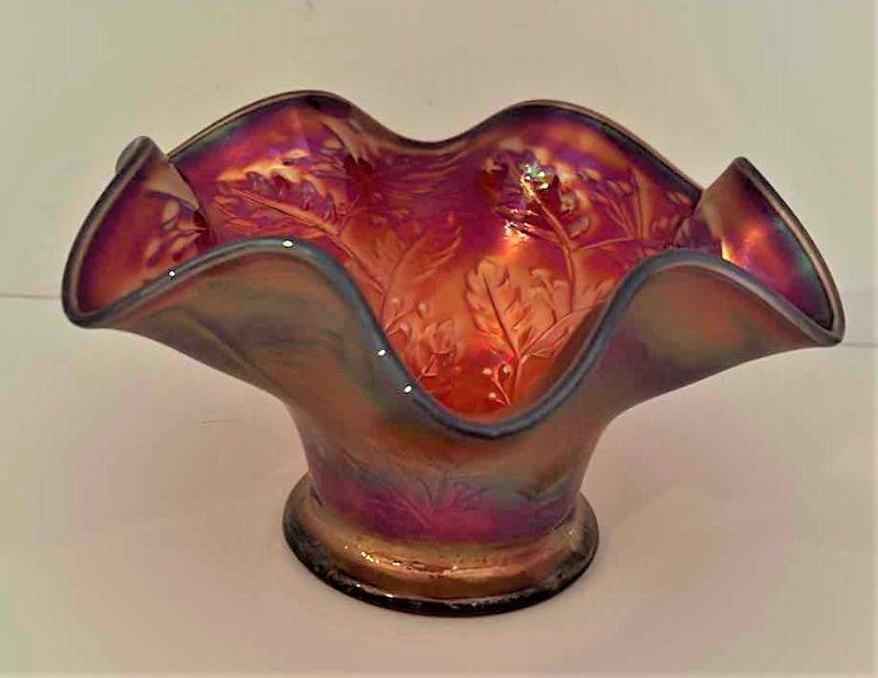 Photo 1 of CRANBERRY CARNIVAL GLASS SCALLOPED BOWL 6” x 3.5”