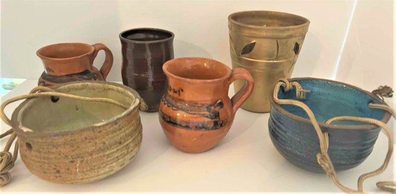 Photo 1 of POTTERY AND STONEWARE ASSORTMENT WITH TWO HANGING POTS 4” x 3”