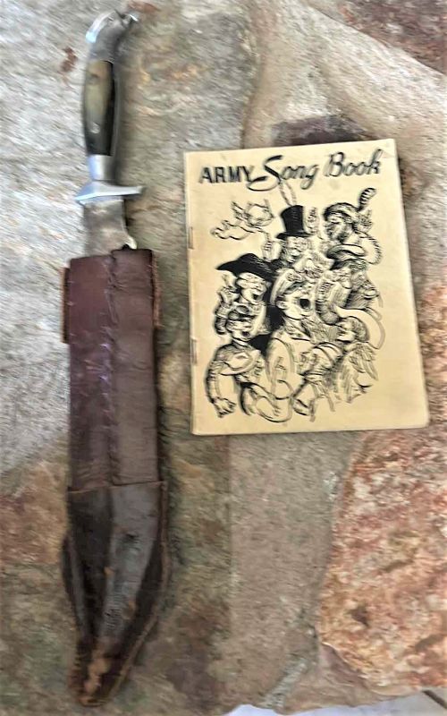 Photo 1 of VINTAGE ARMY SONG BOOK AND KNIFE W LEATHER SHEATH