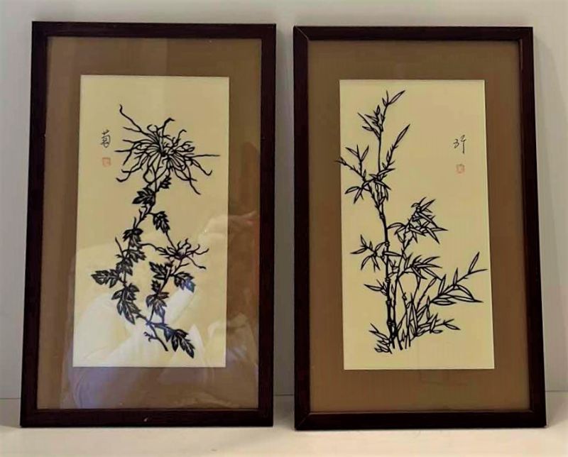 Photo 1 of 2 VINTAGE CHINESE NUMBERED AND SIGNED ARTWORK PIECES FRAMED 8” x 13.5”