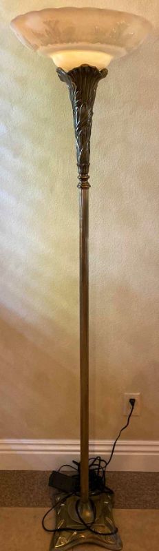 Photo 1 of ANTIQUE BRASS TORCHIERE WITH CREAM GLASS TOP H69.5”