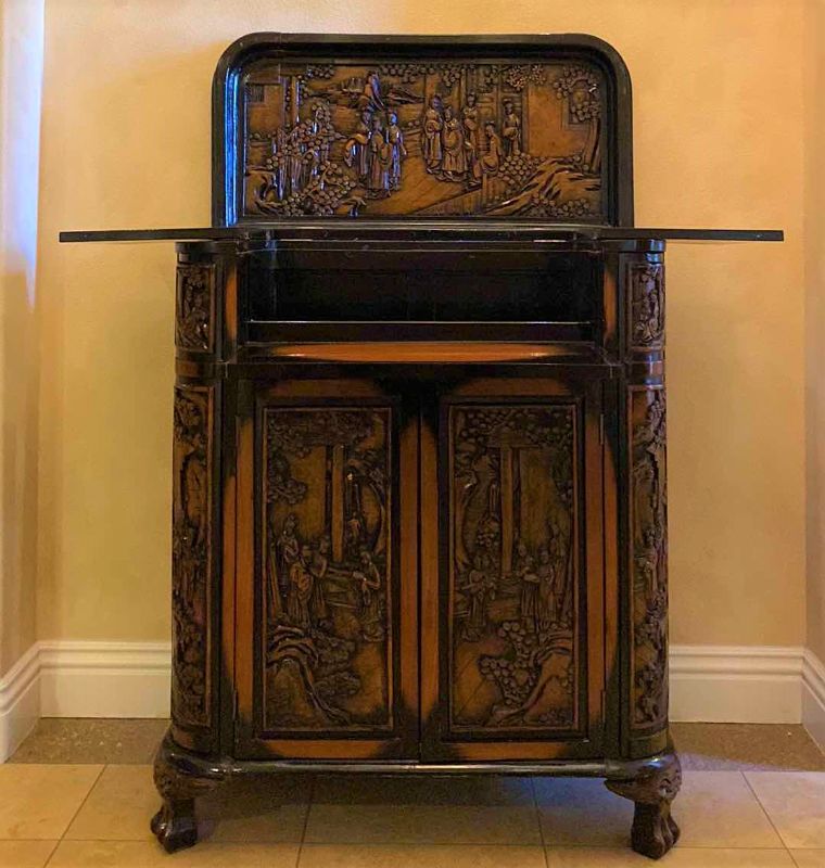 Photo 15 of ASIAN INSPIRED WOOD BAR CART WITH CARVINGS AND LACQUER FINISH OPEN MEASURES 47.5” X 26” H57”