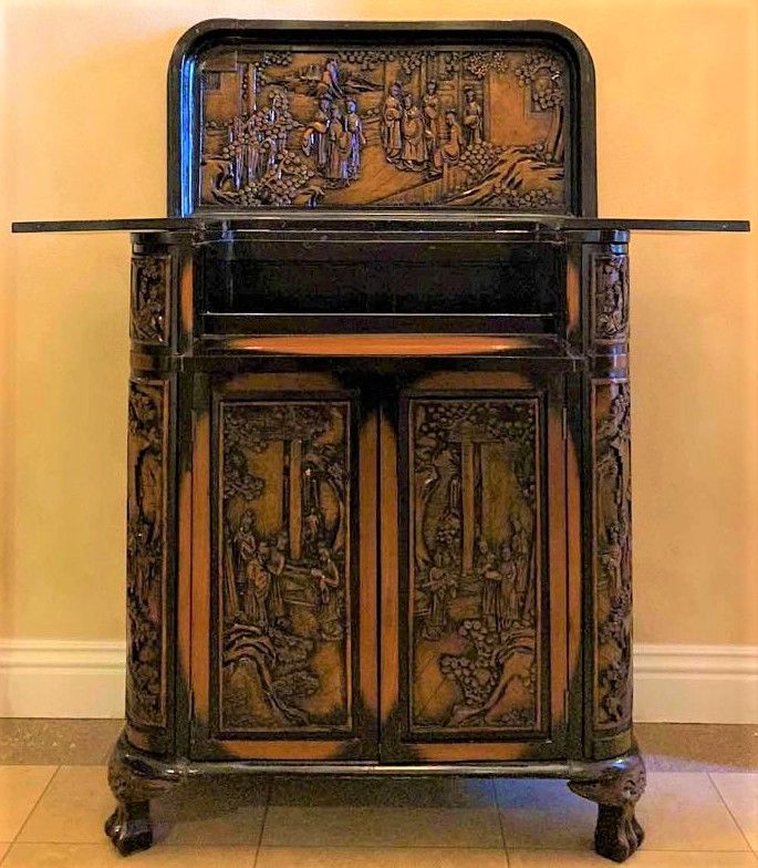 Photo 1 of ASIAN INSPIRED WOOD BAR CART WITH CARVINGS AND LACQUER FINISH OPEN MEASURES 47.5” X 26” H57”