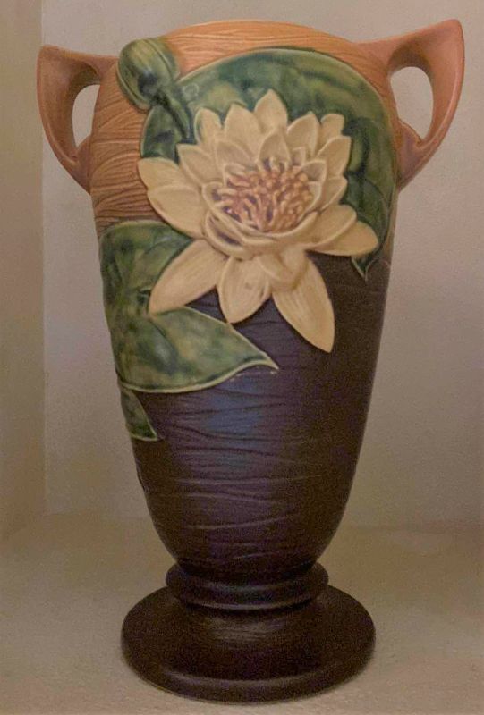 Photo 1 of VINTAGE ROSEVILLE POTTERY DOUBLE SIDED WATER LILY BROWN 83-15 VASE 16”