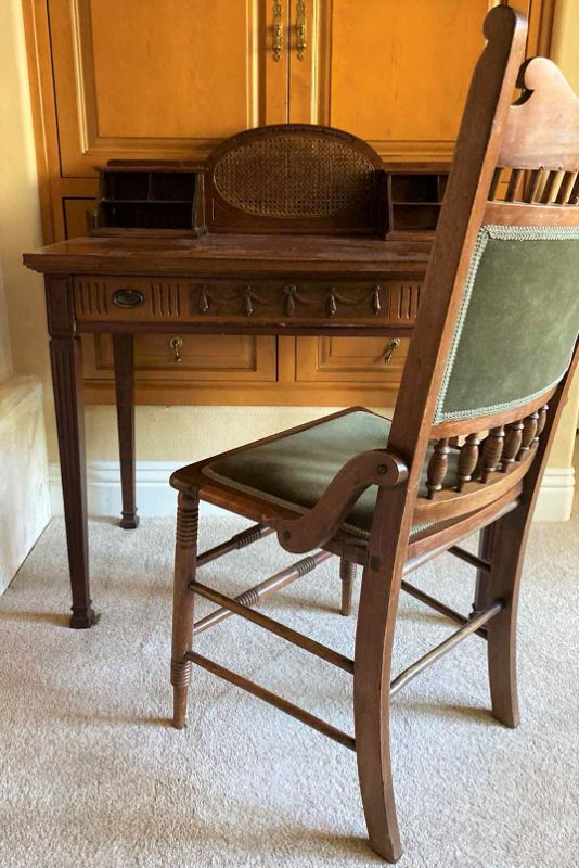 Photo 1 of ANTIQUE WOOD AND CANE RECEPTION DESK WITH CHAIR 36” X 22” H30”