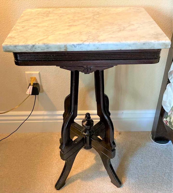 Photo 1 of VICTORIAN STYLE MAHOGANY MARBLE TOP SIDE TABLE 18” X 14” H28”