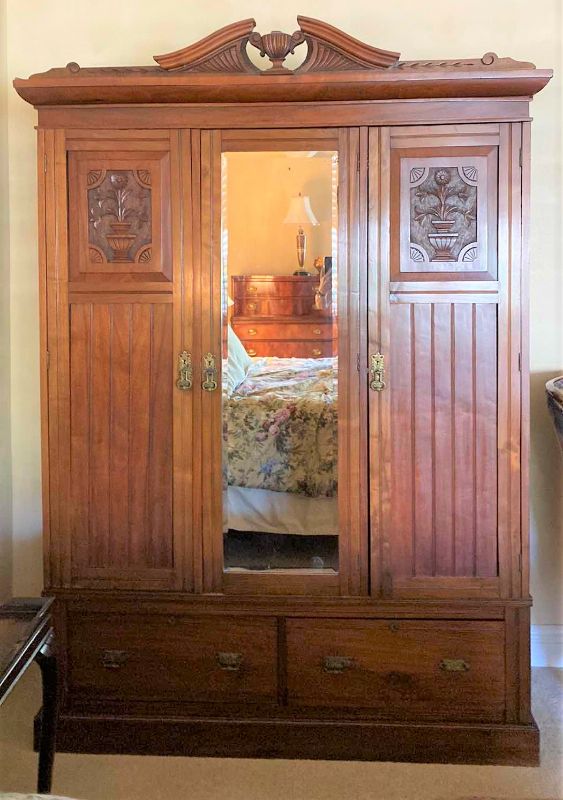 Photo 1 of ANTIQUE CARVED WARDROBE WITH FLORAL INLAY  2 DRAWERS 3 DOORS 61” X 21” H86”