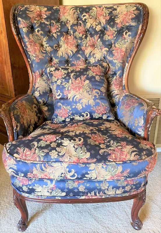 Photo 1 of BLUE FLORAL UPHOLSTERED DOWN CUSHIONED QUEEN ANNE WING CHAIR