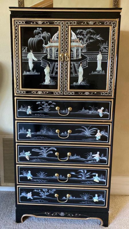 Photo 1 of BLACK LACQUER ORIENTAL LINGERIE CABINET HAND PAINTED CARVED MOTHER OF PEARL 24” X 14 H52” 