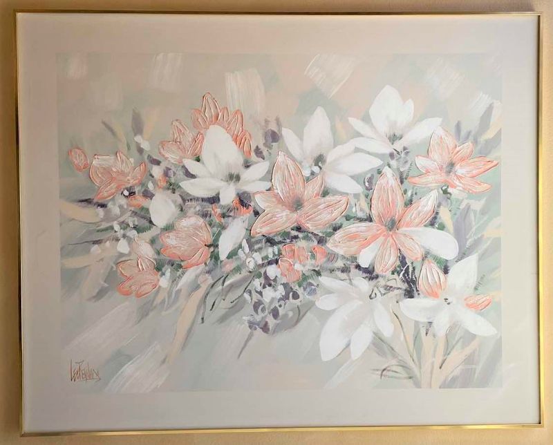 Photo 1 of GOLD FRAMED CANVAS PASTEL FLORAL WITH PALLET KNIFE DETAIL SIGNED 60” X 48”