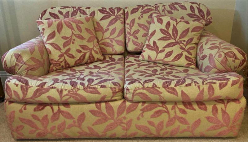 Photo 1 of 64” CREAM AND MAUVE LEAF UPHOLSTERED LOVE SEAT