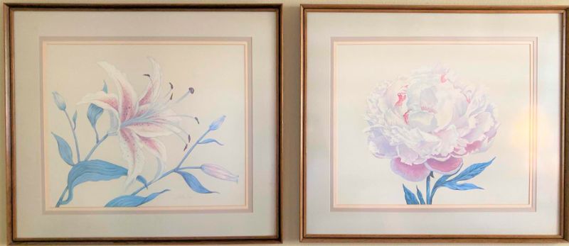 Photo 1 of PAIR OF VINTAGE WOOD FRAMED FLORAL SIGNED ARTWORK 33” X 29” EACH