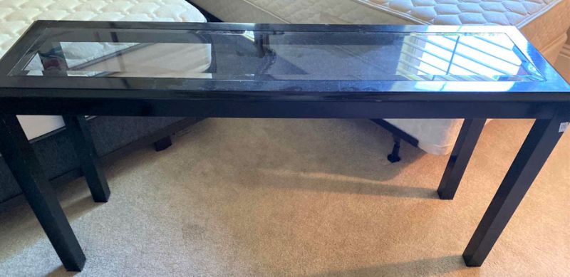 Photo 1 of SOFA TABLE DARK WOOD WITH BEVELED GLASS 56” X 15” H29”