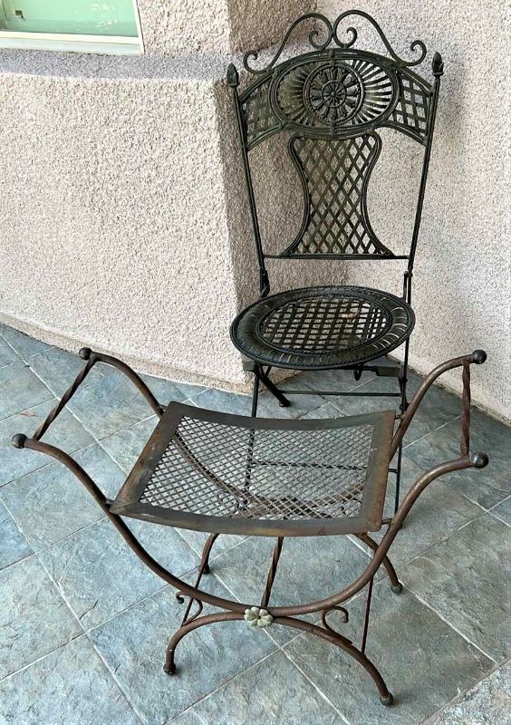 Photo 1 of VINTAGE METAL CHAIR AND STOOL w 4 PILLOWS