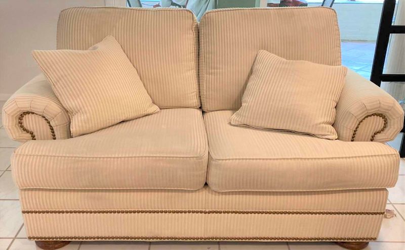 Photo 1 of 65” THOMASVILLE CREAM UPHOLSTERED ROLLED ARM LOVE SEAT WITH ARM COVERS