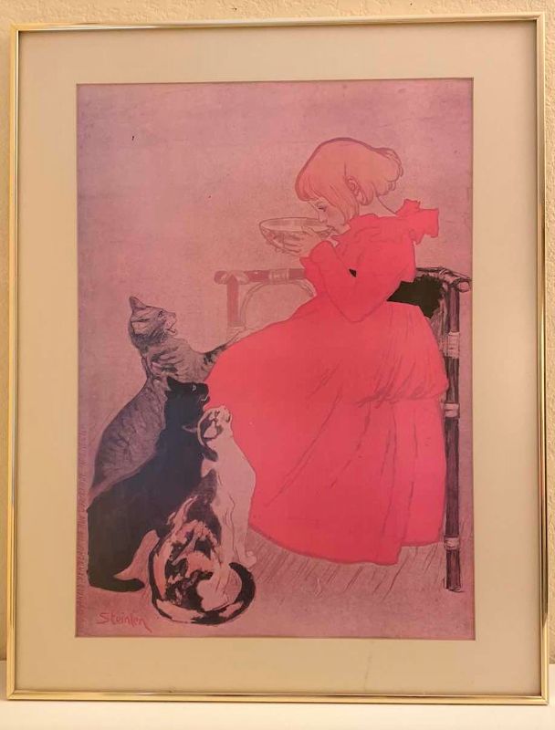 Photo 1 of METAL FRAMED STEINLEN GIRL WITH CAT 22” X 28”