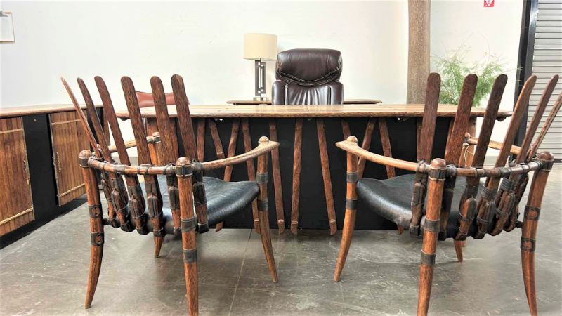 Photo 3 of MENDI PALMWOOD DESK W/ BLACK AND METAL ACCENTS BY PACIFIC GREEN  78.5” x 36 x H29” (FILE AVAILABLE THAT FITS UNDER DESK AND PICTURED ITEMS SOLD SEPERATELY) 