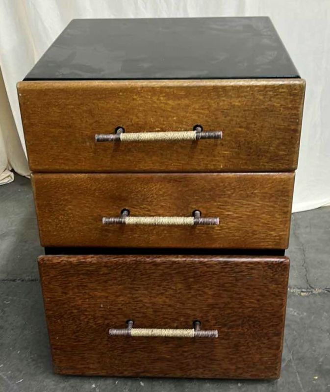 Photo 1 of MENDI 3 DRAWER PALMWOOD FILE CABINET W METAL PULLS BY PACIFIC GREEN 18 x 18 x H 24.5”