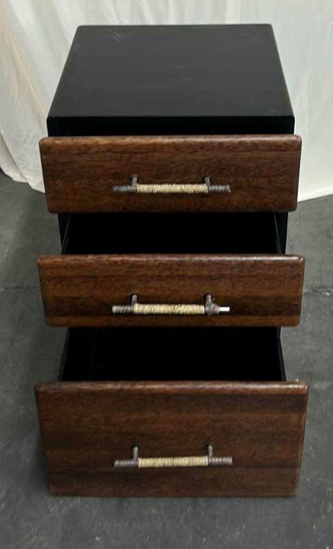 Photo 1 of MENDI 3 DRAWER PALMWOOD FILE CABINET W METAL PULLS BY PACIFIC GREEN 18 x 18 x H 24.5”