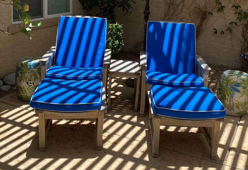Photo 1 of TEAK WAREHOUSE CHAIR AND OTTOMAN. WITH MARINE BLUE WATER REPELLANT, SUNBRELLA (2 AVAILABLE EACH SOLD SEPARATELY, TABLE SEPARATE) 