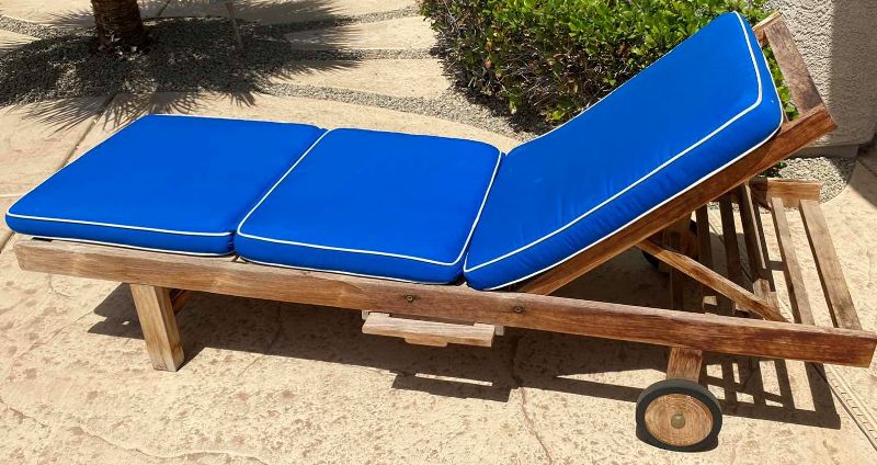 Photo 1 of TEAK WAREHOUSE CHAISE LOUNGE WITH WATER REPELLANT AND SUN PROTECTION FABRIC MARINE BLUE CUSHION 